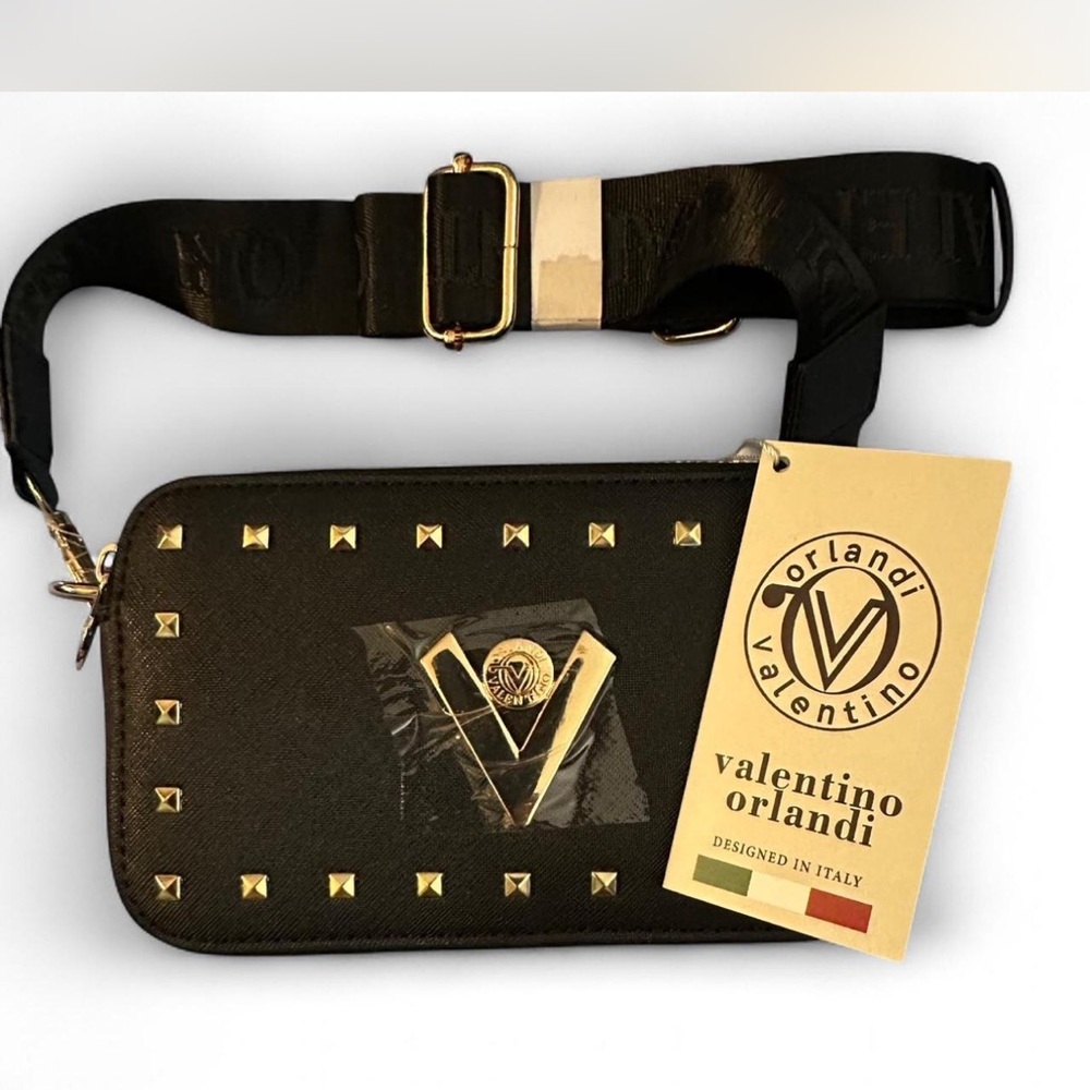 Valentino Orlandi Studded Crossbody Bag Black Gold Hardware NWT Belt Bag